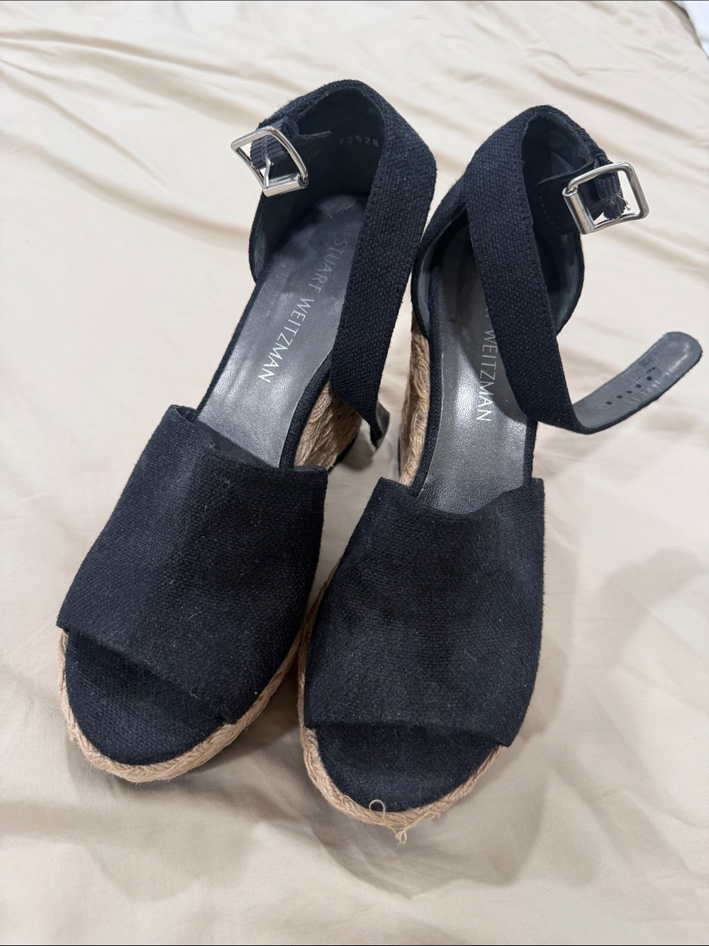 Stuart Weitzman Black Canvas Espadrille Wedge Sandals